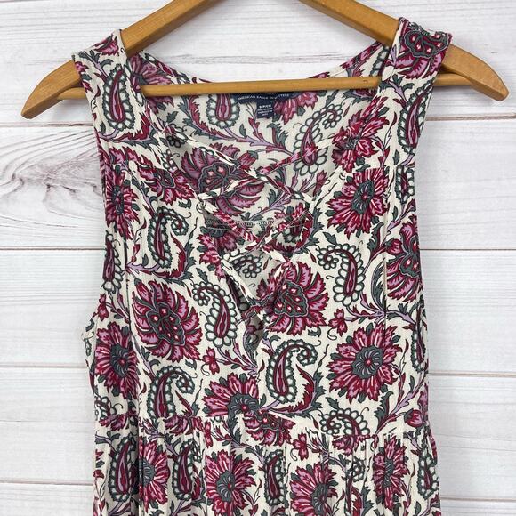 American Eagle Outfitters Dress Womens S‎ Multi Paisley Viscose Lace Up V Neck - Picture 3 of 10